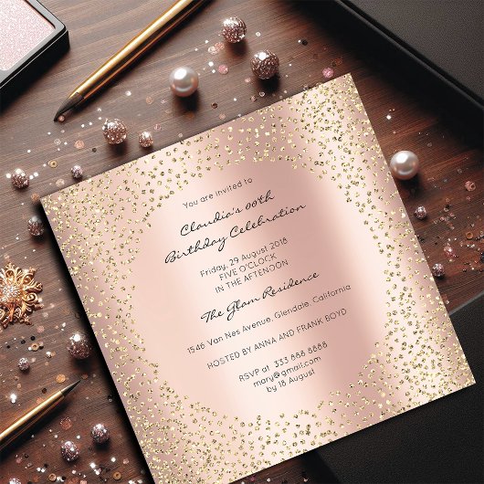 Invitation Chiffres d'or rose Points Confetti Champaigne Or