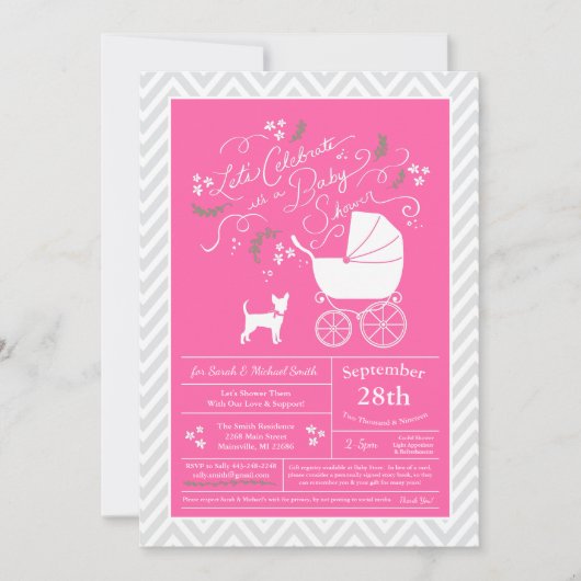Invitation Chihuahua Chien Baby shower fille rose (Devant)