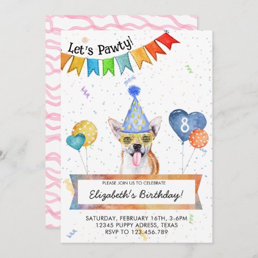 Invitation Chihuahua laisse Pawty Dog fête d'anniversaire (Devant / Derrière)