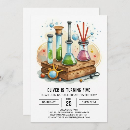 Invitation Chimie simple en flacon Scientifique Anniversaire (Devant / Derrière)