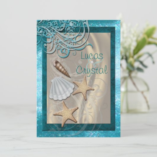 Invitation Chimmering Seashell Plage Turquoise Mariage Invita (Debout devant)