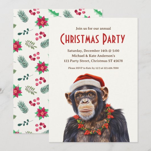 Invitation Chimpanzé Santa Hat Poinsettias Noël (Devant / Derrière)
