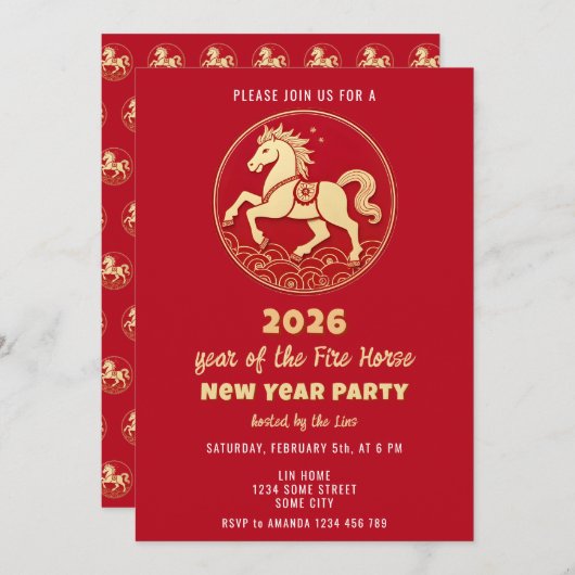 Invitation Chinese New Year 2026 Horse New Year Party (Devant / Derrière)