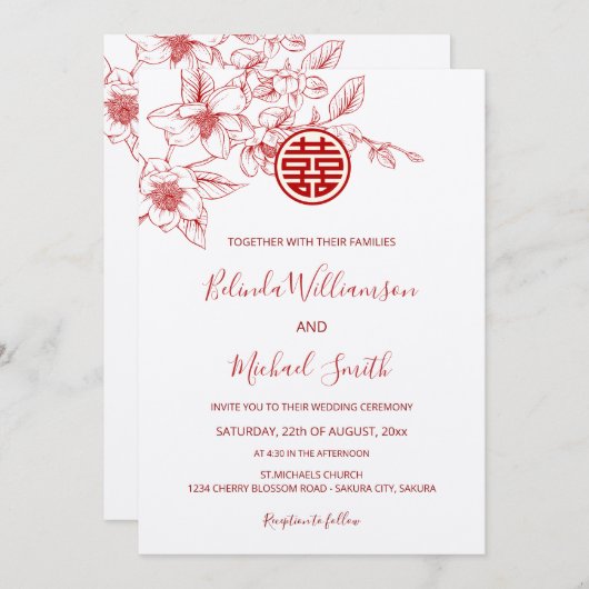 Invitation Chinois bilingue | Magnolia Cream Mariage chinois (Devant / Derrière)