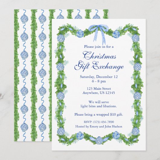 Invitation Chinoiserie Aquarelle bleu Ornement Garland Party (Devant / Derrière)