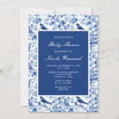 Invitation Chinoiserie Baby shower des oiseaux et fleurs bleu (Devant)