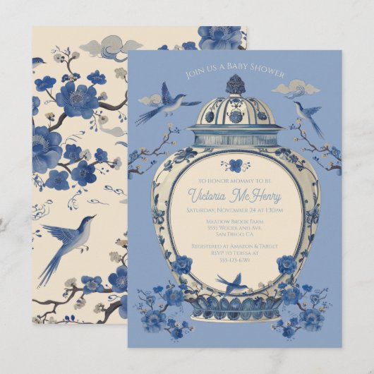 Invitation Chinoiserie Birds Floral Jar Baby shower (Devant / Derrière)