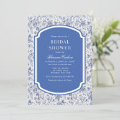 Invitation Chinoiserie blanche bleue Fête des mariées florale (Debout devant)