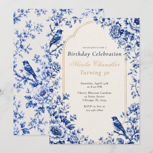 Invitation Chinoiserie Bleu Anniversaire (Devant / Derrière)