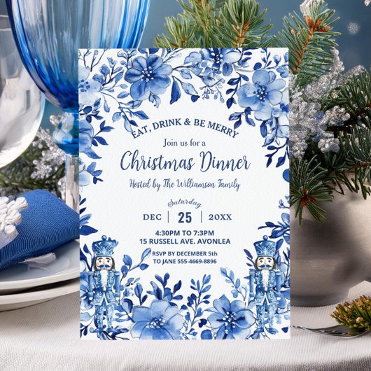 Invitation Chinoiserie Bleu Blanc Floral Noisette Noël