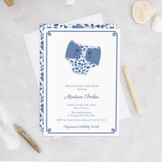 Invitation Chinoiserie Bleu & Blanc Lingettes Baby shower