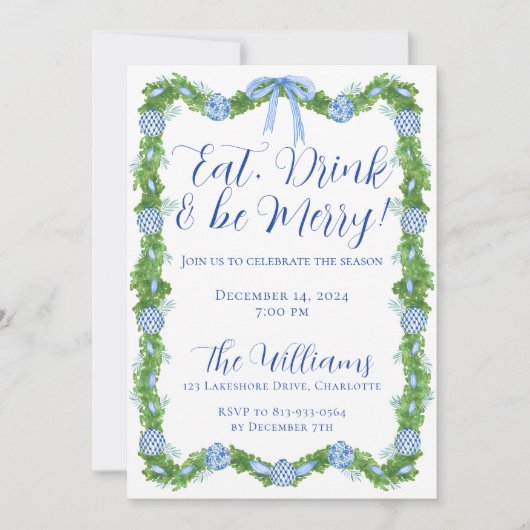 Invitation Chinoiserie bleu et blanc Garland Christmas Party (Devant)