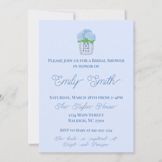 Invitation Chinoiserie bleu et blanc Hydrangea Fête des marié (Devant)