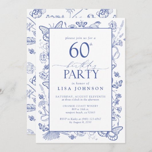 Invitation Chinoiserie Bleu Français écriture Fête d'annivers (Devant / Derrière)