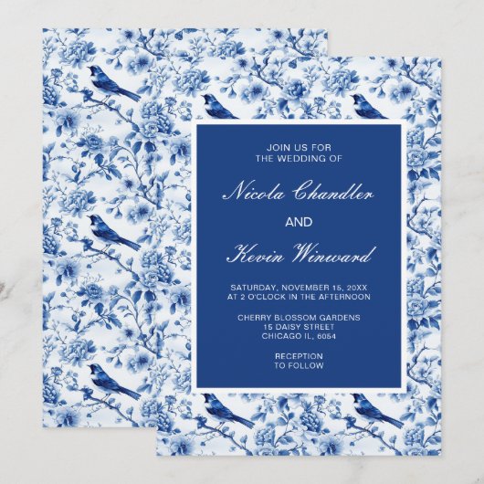 Invitation Chinoiserie Blue Birds and Flowers Mariage (Devant / Derrière)