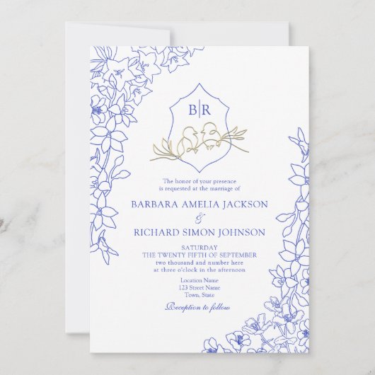 Invitation Chinoiserie Blue Floral Crest Mariage (Devant)