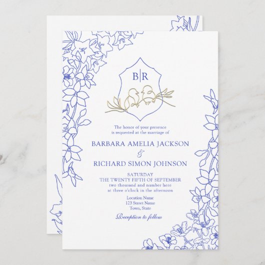 Invitation Chinoiserie Blue Floral Crest Mariage (Devant / Derrière)