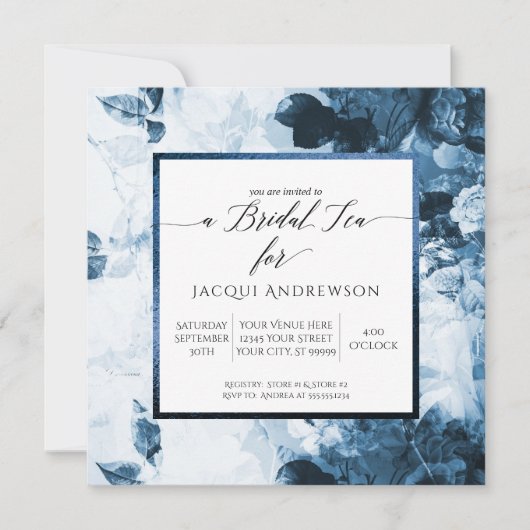 Invitation Chinoiserie Blue Floral Script Bride Tea Party (Devant)