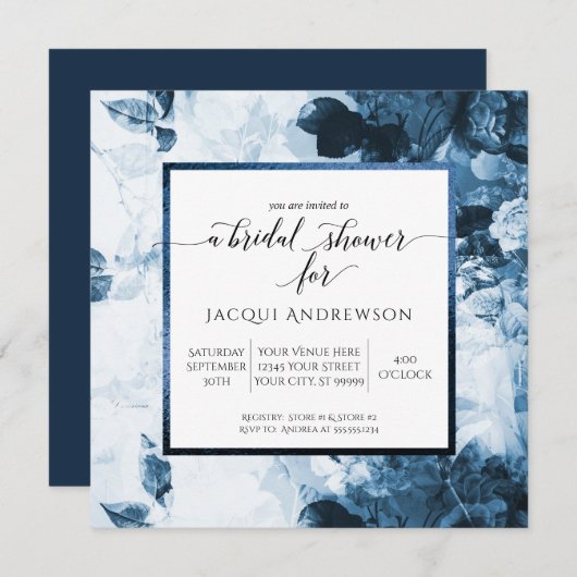 Invitation Chinoiserie Blue White Floral Script Fête des mari (Devant / Derrière)