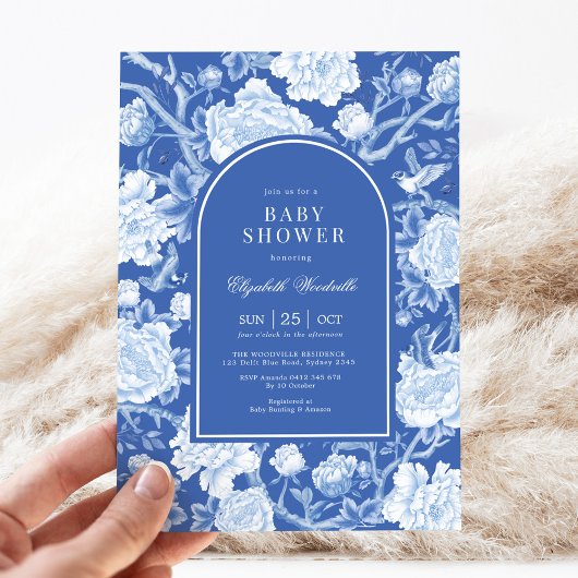 Invitation Chinoiserie Botanique Delft Bleu Baby shower Blanc