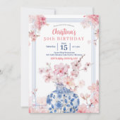 Invitation Chinoiserie Cerise Rose Fleur Anniversaire (Devant)
