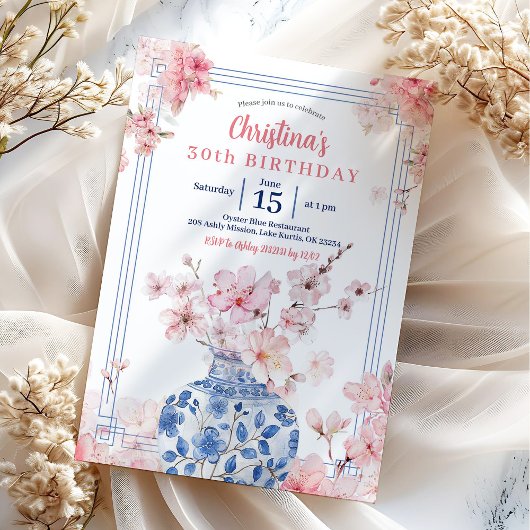 Invitation Chinoiserie Cerise Rose Fleur Anniversaire