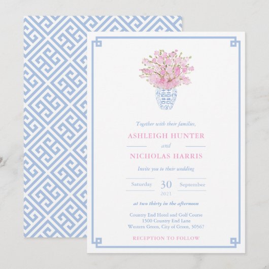 Invitation Chinoiserie Chic Rose Et Bleu Aquarelle Mariage (Devant / Derrière)