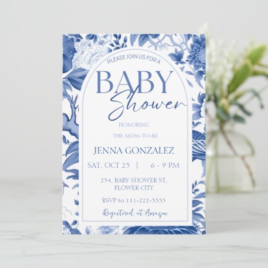 Invitation Chinoiserie Delft Baby shower blanc bleu (Debout devant)