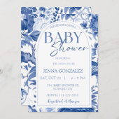 Invitation Chinoiserie Delft Baby shower blanc bleu (Devant / Derrière)