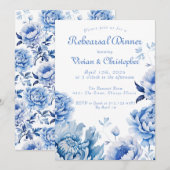 Invitation Chinoiserie Dîner de répétition Floral bleu et bla (Devant / Derrière)