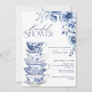 Invitation Chinoiserie Dusty Blue Floral Fête de Mariage