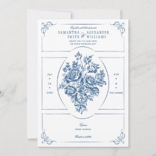 Invitation Chinoiserie Elégant Bouquet Bleu Mariage victorien
