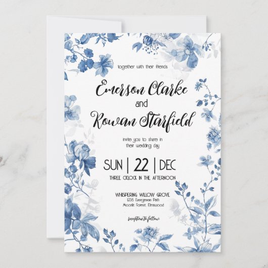 Invitation Chinoiserie Élégante Fleur de Toile Bleue Français (Devant)