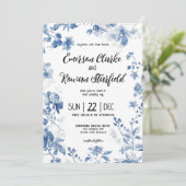 Invitation Chinoiserie Élégante Fleur de Toile Bleue Français (Debout devant)