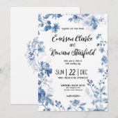 Invitation Chinoiserie Élégante Fleur de Toile Bleue Français (Devant / Derrière)