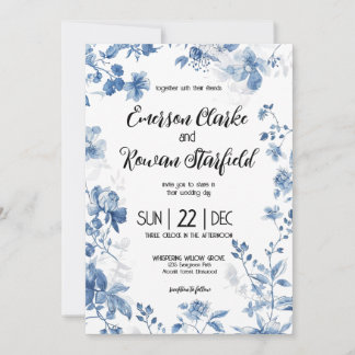 Invitation Chinoiserie Élégante Toile Florale Bleu Français