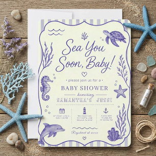 Invitation Chinoiserie Fête de Bébé Bleue Mer Vous Bientôt