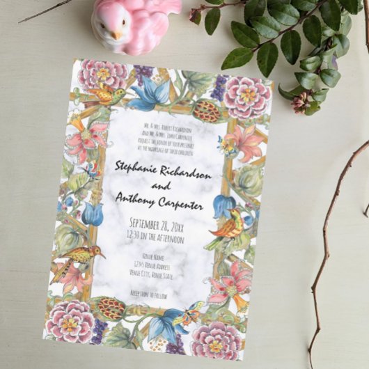 Invitation Chinoiserie Floral Bird Garden Mariage coloré