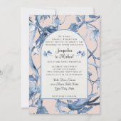 Invitation Chinoiserie Floral Blanc Bleu n Oiseaux roses Mari (Devant)