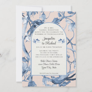 Invitation Chinoiserie Floral Blanc Bleu n Oiseaux roses Mari