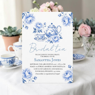 Invitation Chinoiserie Floral Bleu Théière Bridal Shower