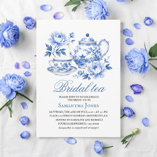 Invitation Chinoiserie Floral Bleu Théière Shower de Mariage