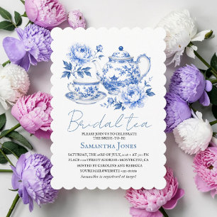 Invitation Chinoiserie Floral Bleu Théière Shower de Mariage