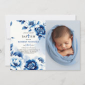 Invitation Chinoiserie florale bleue, aquarelle Photo baptême (Devant)