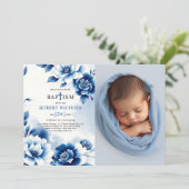 Invitation Chinoiserie florale bleue, aquarelle Photo baptême (Debout devant)