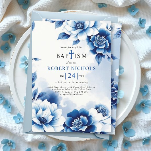 Invitation Chinoiserie florale bleue, lavage à l'aquarelle Ba