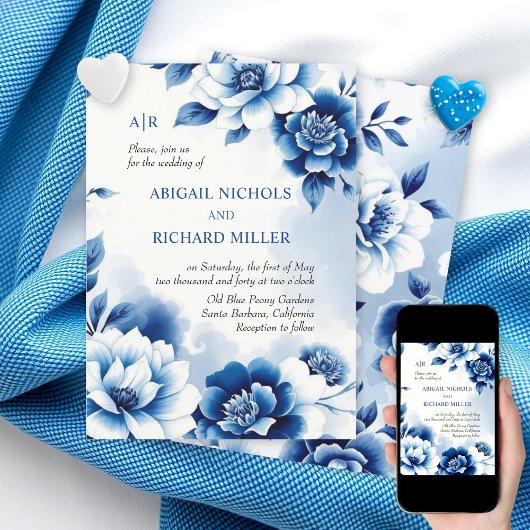 Invitation Chinoiserie florale bleue, mariage de lavage aquar
