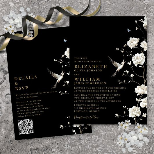 Invitation Chinoiserie Florale et Gold Mariage de code QR