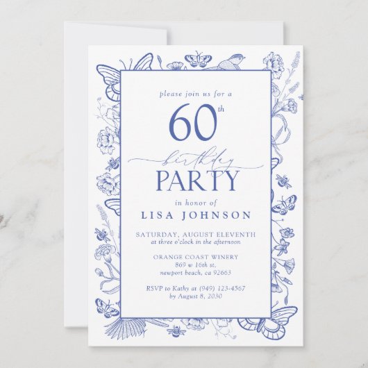 Invitation Chinoiserie French Blue Script 60e fête d'annivers (Devant)