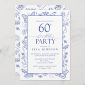 Invitation Chinoiserie French Blue Script 60e fête d'annivers (Devant / Derrière)